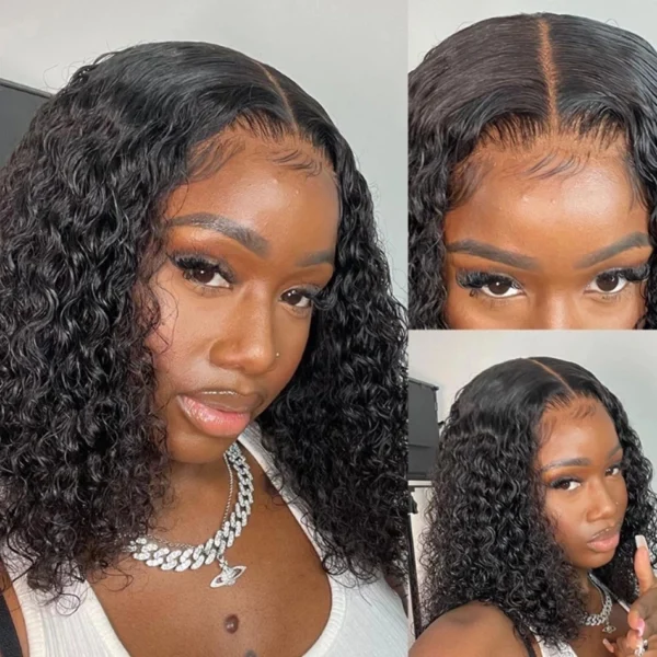 Brazilian Deep Curly Bob Hair Wigs Natural Black Color Brazilian HD Lace Front Part 13x6 Transparent T Lace Highlight Hair Wigs - Image 3