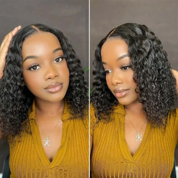 Brazilian Deep Curly Bob Hair Wigs Natural Black Color Brazilian HD Lace Front Part 13x6 Transparent T Lace Highlight Hair Wigs - Image 4
