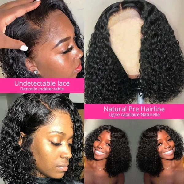 Brazilian Deep Curly Bob Hair Wigs Natural Black Color Brazilian HD Lace Front Part 13x6 Transparent T Lace Highlight Hair Wigs - Image 5