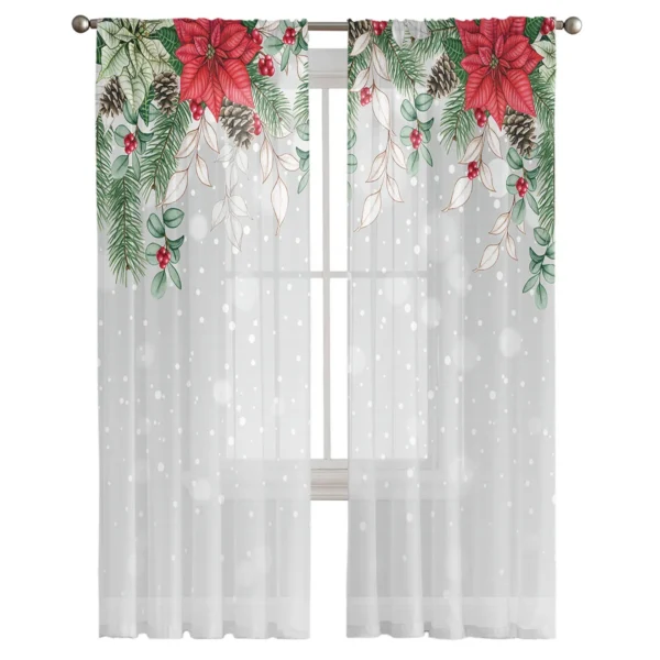 Christmas Poinsettia Leaves Living Room Tulle Curtains Window Treatment Home Decor Bedroom Office Cafe Sheer Curtains - Image 2