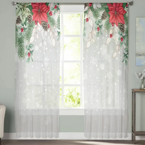 Christmas Poinsettia Leaves Living Room Tulle Curtains Window Treatment Home Decor Bedroom Office Cafe Sheer Curtains - Image 3