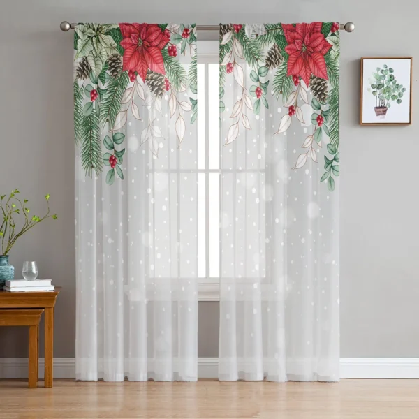 Christmas Poinsettia Leaves Living Room Tulle Curtains Window Treatment Home Decor Bedroom Office Cafe Sheer Curtains