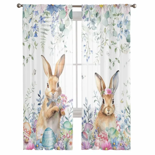 Easter Spring Flower Easter Egg Rabbit Sheer Curtains for Living Room Modern Home Decor Tulle Curtain Bedroom Voile Drapes - Image 2