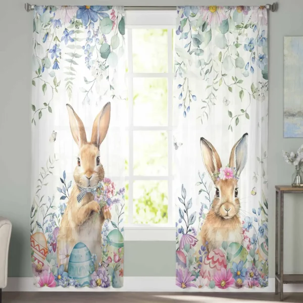 Easter Spring Flower Easter Egg Rabbit Sheer Curtains for Living Room Modern Home Decor Tulle Curtain Bedroom Voile Drapes - Image 3