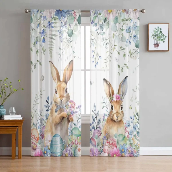 Easter Spring Flower Easter Egg Rabbit Sheer Curtains for Living Room Modern Home Decor Tulle Curtain Bedroom Voile Drapes