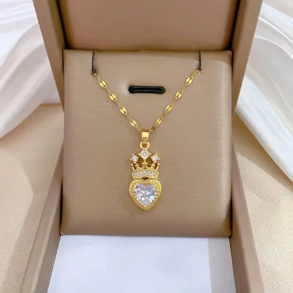 [Titanium Steel] Crown Love Full of Rhinestones Sparkling Micro-Inlaid Design Simple Ladies Wedding Gift Pendant Necklace - Image 6