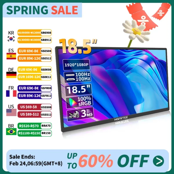 HGFRTEE 18.5inch Portable Monitor 100Hz RGB100% With VESA Hole & Back bracket Laptop Extended Display ADS-IPS HDR Screen