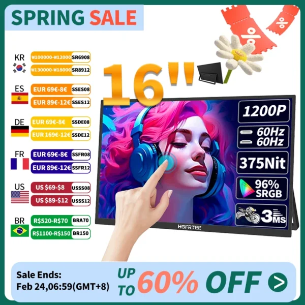 HGFRTEE 16inch Touch Portable Monitor 16:10 96%sRGB 350Cd/m² Second Screen For Laptop With Holder Stand Type-C HDMI-Compatible